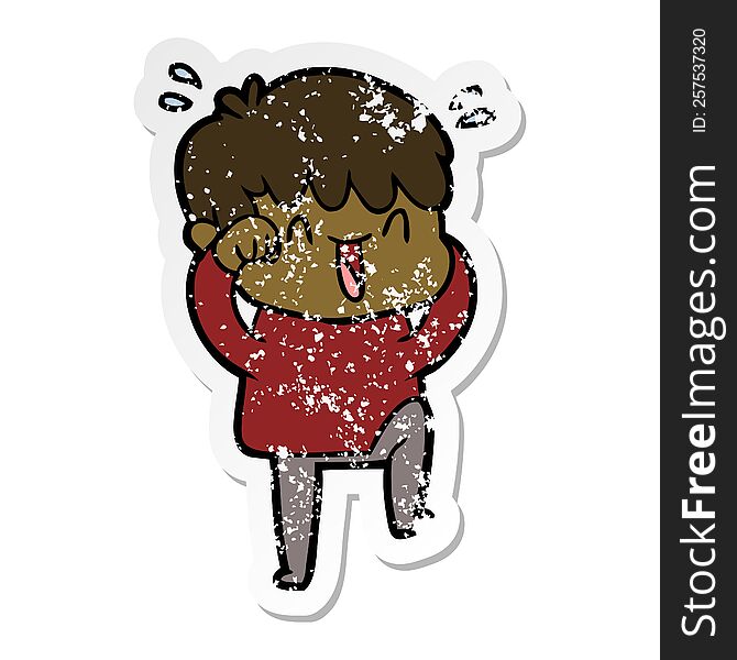 distressed sticker of a cartoon laughing boy