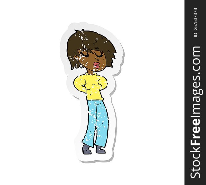 Retro Distressed Sticker Of A Cartoon Woman Whistling
