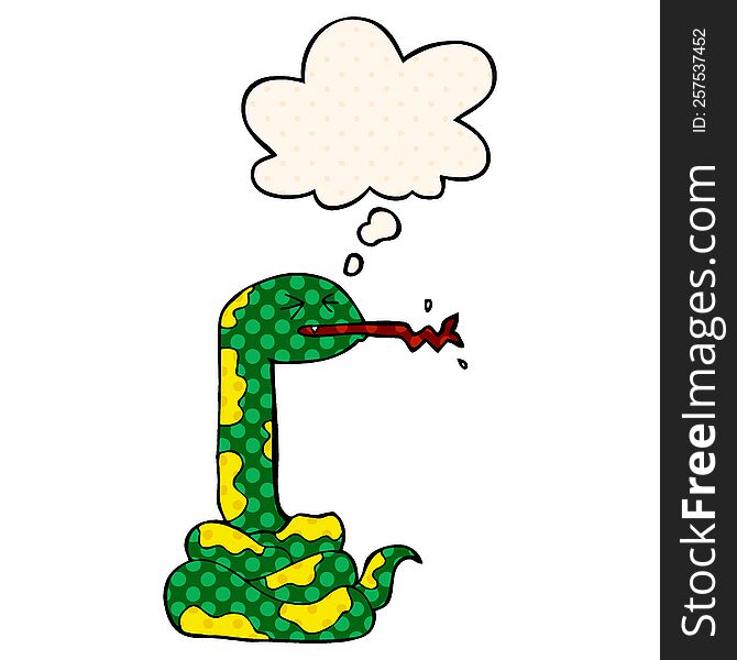 cartoon hissing snake with thought bubble in comic book style