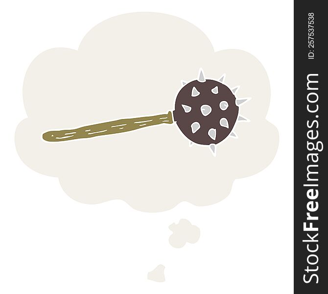 cartoon medieval mace with thought bubble in retro style