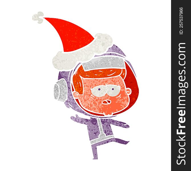 hand drawn retro cartoon of a tired astronaut wearing santa hat