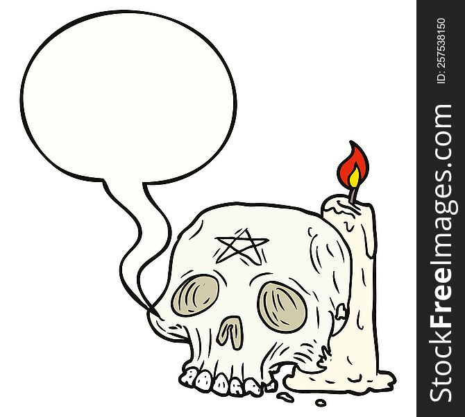 cartoon spooky skull and candle with speech bubble