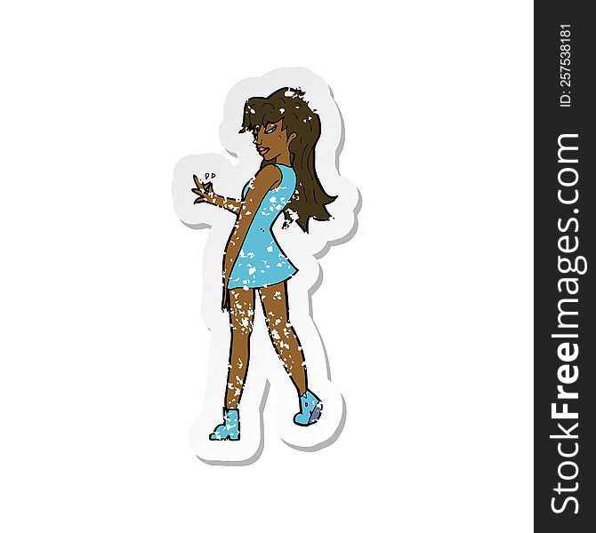 retro distressed sticker of a cartoon woman posing in dress