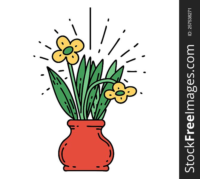 illustration of a traditional tattoo style flowers in vase