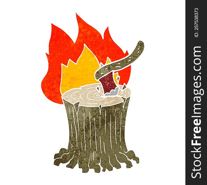 freehand retro cartoon axe in a flaming tree stump. freehand retro cartoon axe in a flaming tree stump