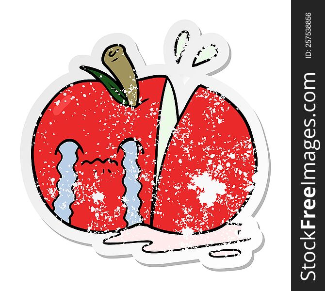 distressed sticker of a cartoon sad sliced apple