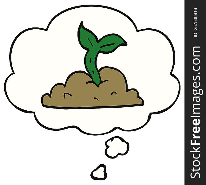 cartoon growing seedling with thought bubble. cartoon growing seedling with thought bubble