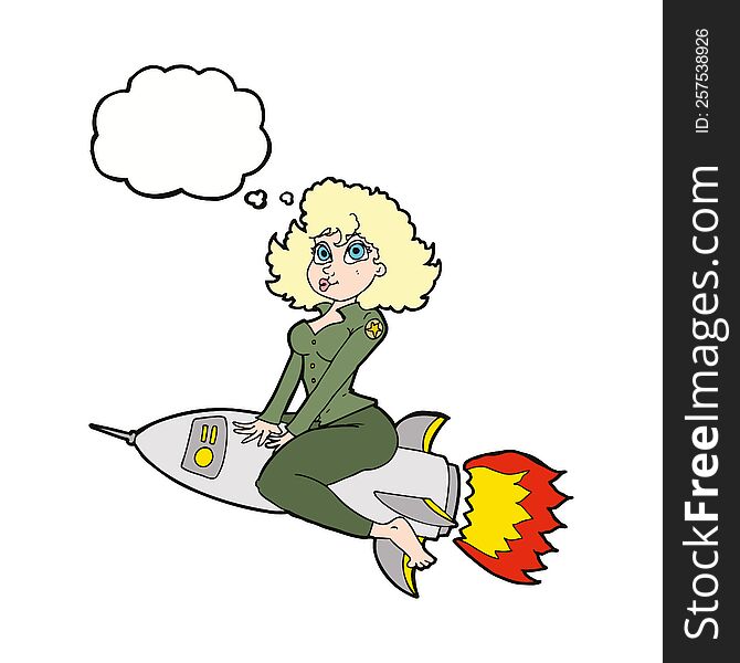 cartoon army pin up girl riding missile] with thought bubble