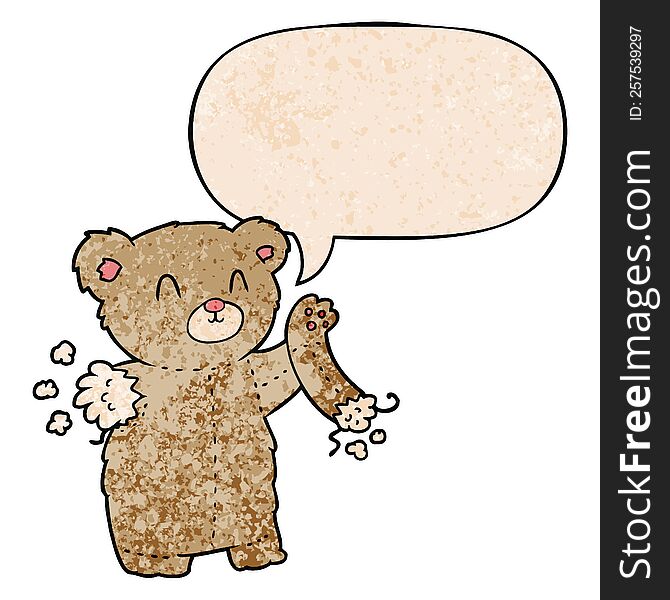 cartoon teddy bear and torn arm and speech bubble in retro texture style