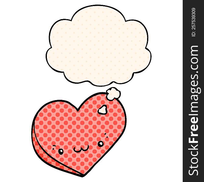 cartoon love heart with face with thought bubble in comic book style