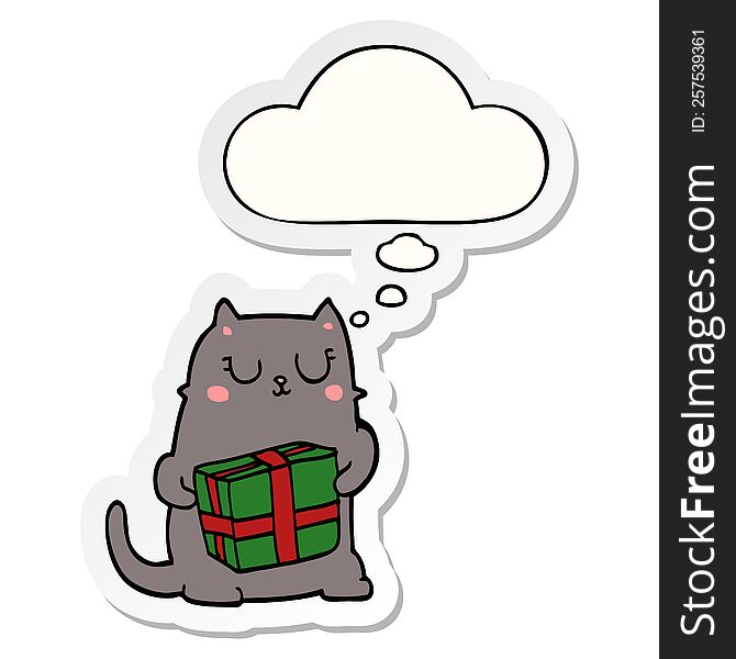 cartoon christmas cat with thought bubble as a printed sticker