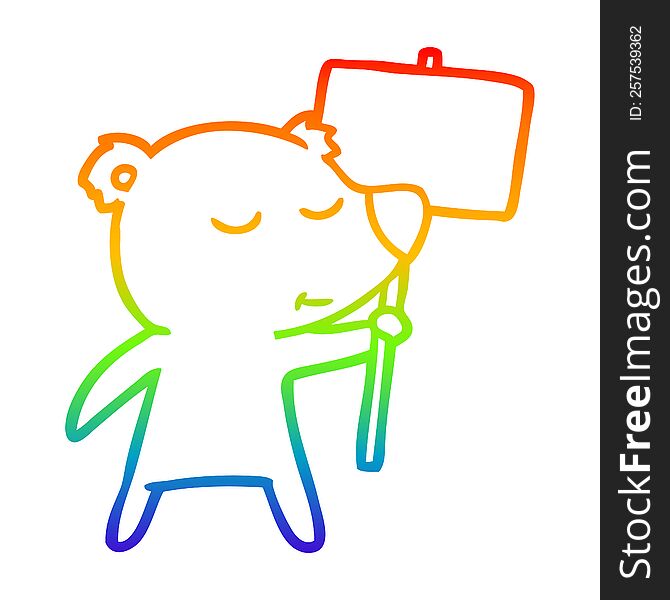 Rainbow Gradient Line Drawing Happy Cartoon Polar Bear With Sign
