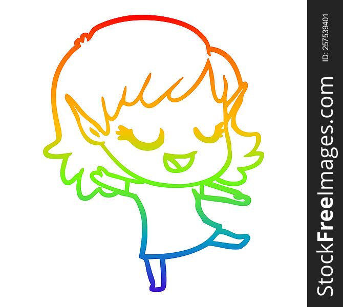 rainbow gradient line drawing of a happy cartoon elf girl