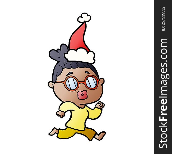 Gradient Cartoon Of A Woman Wearing Spectacles Wearing Santa Hat