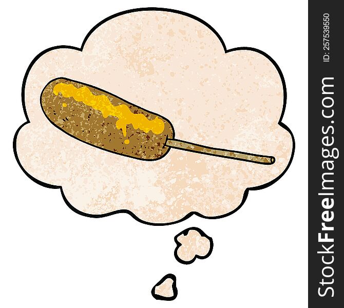 Cartoon Hotdog On A Stick And Thought Bubble In Grunge Texture Pattern Style
