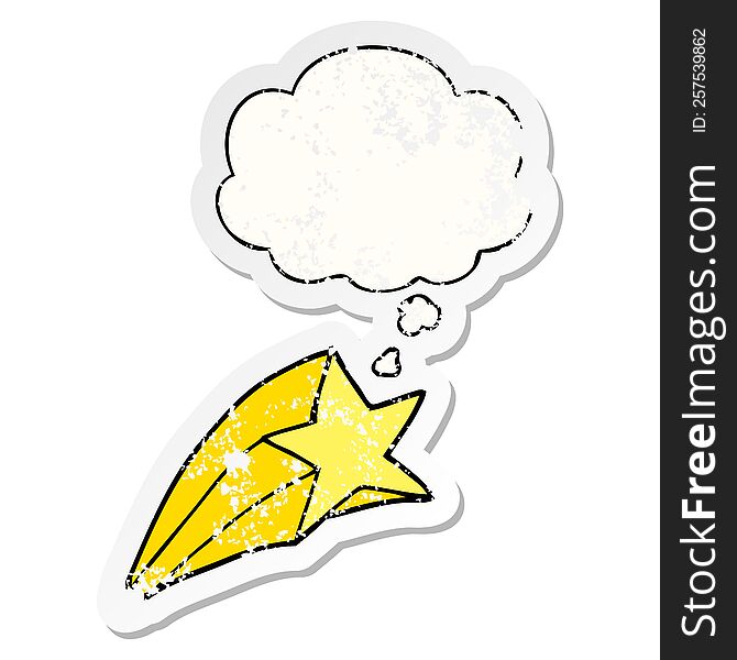 cartoon shooting star and thought bubble as a distressed worn sticker