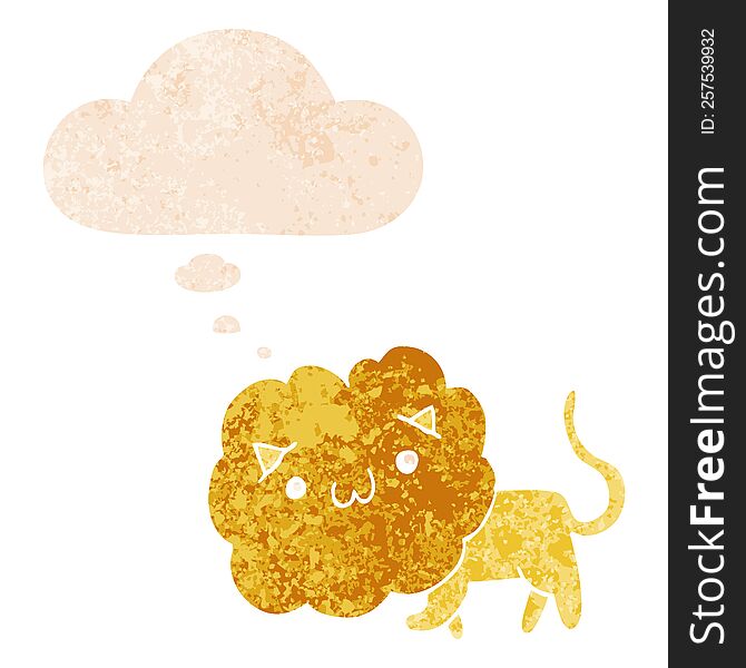 Cute Cartoon Lion And Thought Bubble In Retro Textured Style