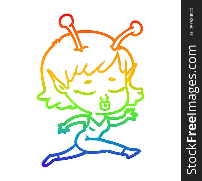 rainbow gradient line drawing of a cute alien girl cartoon