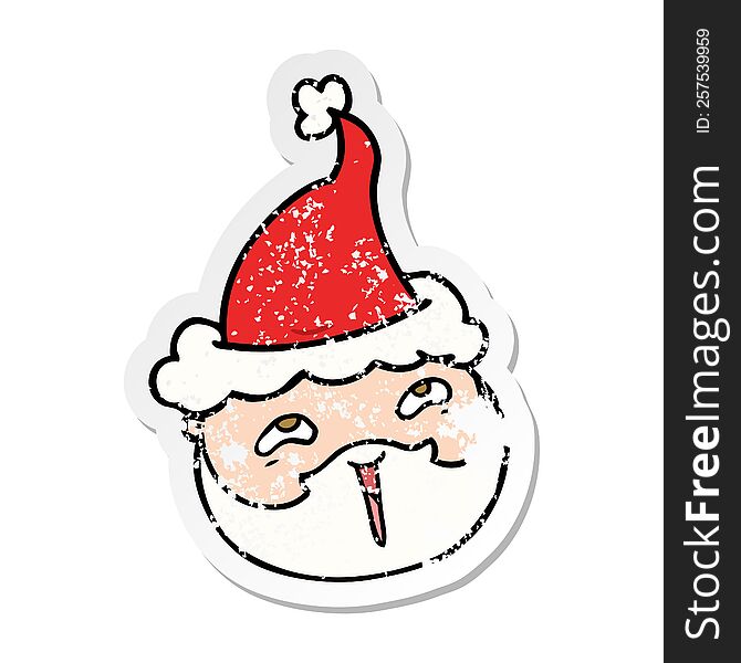 hand drawn distressed sticker cartoon of a male face with beard wearing santa hat