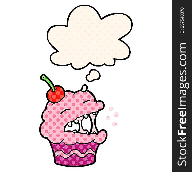 cartoon cupcake with thought bubble in comic book style