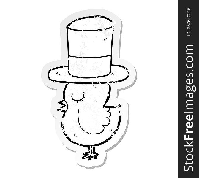 distressed sticker of a cartoon bird wearing top hat