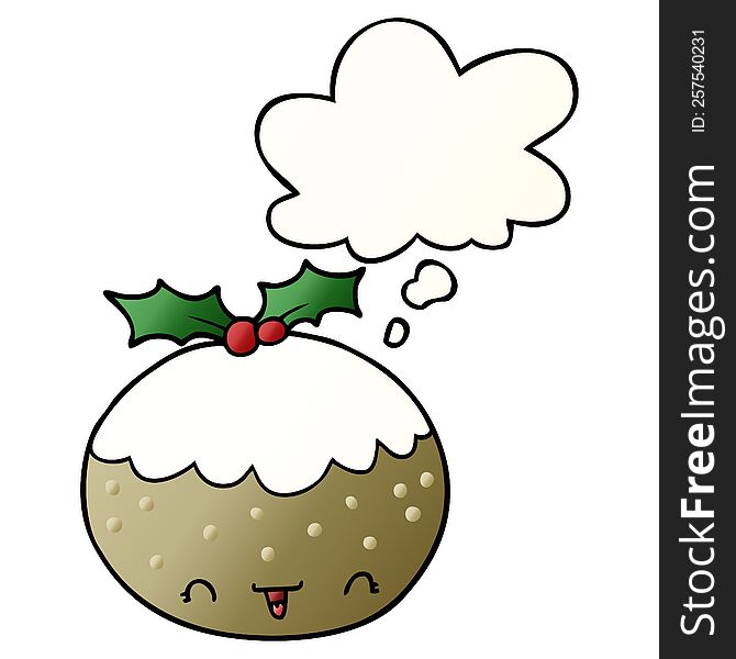 cute cartoon christmas pudding with thought bubble in smooth gradient style