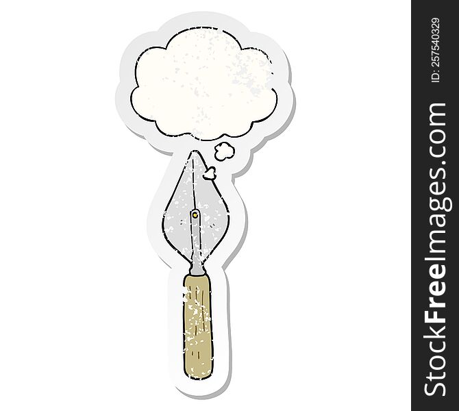 cartoon trowel with thought bubble as a distressed worn sticker