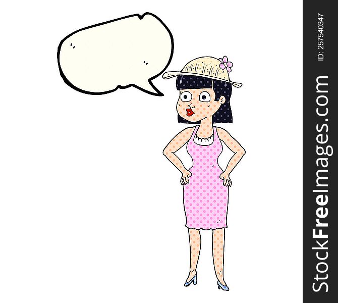 freehand drawn comic book speech bubble cartoon woman wearing sun hat