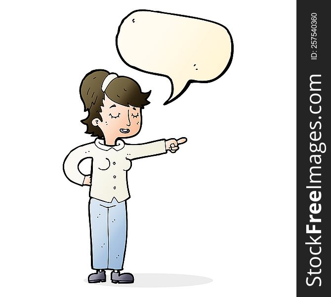 Cartoon Friendly Woman Pointing With Speech Bubble
