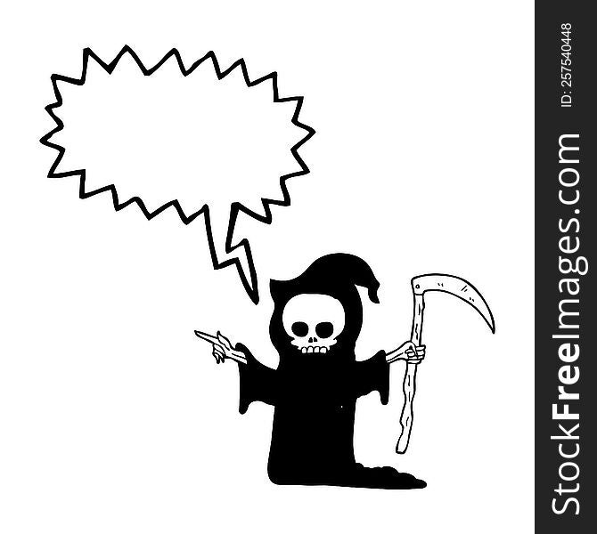 freehand drawn speech bubble cartoon death with scythe