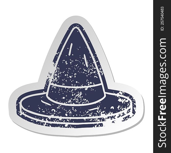 distressed old sticker of a witches hat