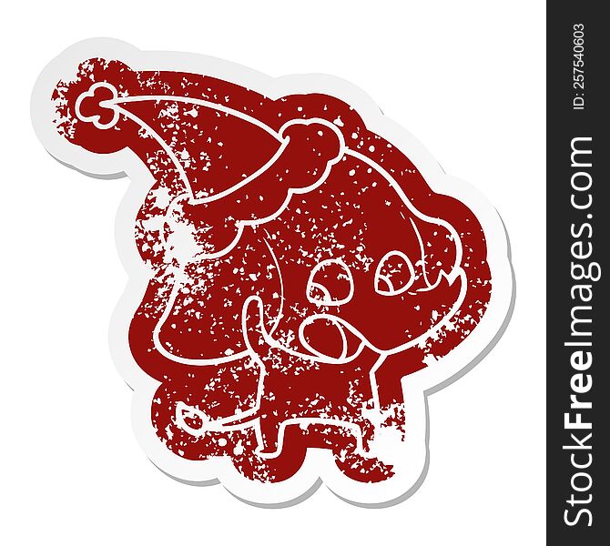 Cute Cartoon Distressed Sticker Of A Elephant Wearing Santa Hat