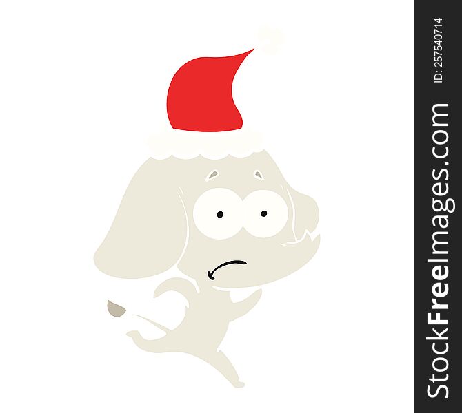 hand drawn flat color illustration of a unsure elephant running away wearing santa hat