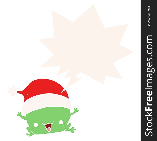 cute cartoon christmas frog with speech bubble in retro style