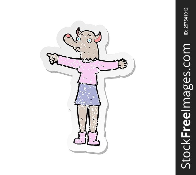 Retro Distressed Sticker Of A Cartoon Pointing Werewolf Woman