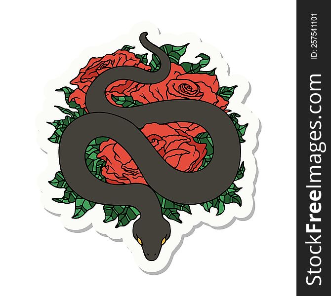 Tattoo Style Sticker Of A Snake And Roses