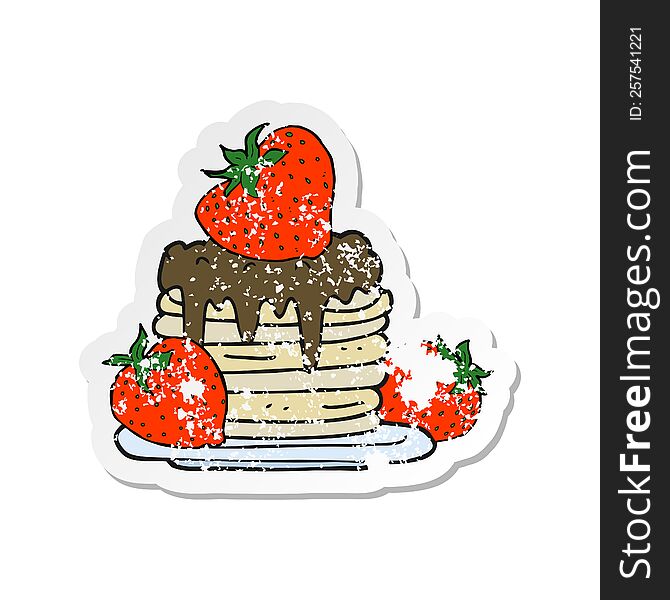 Retro Distressed Sticker Of A Cartoon Pancake Stack With Strawberries