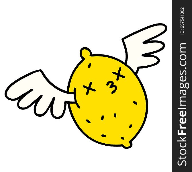 cartoon of a dead lemon flying up to heaven on angel wings