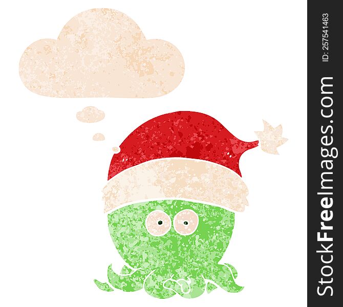 Cartoon Octopus Wearing Christmas Hat And Thought Bubble In Retro Textured Style