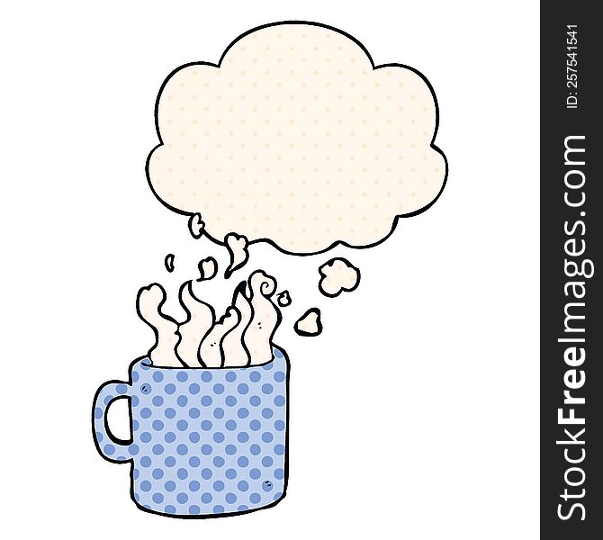 cartoon hot cup of coffee with thought bubble in comic book style