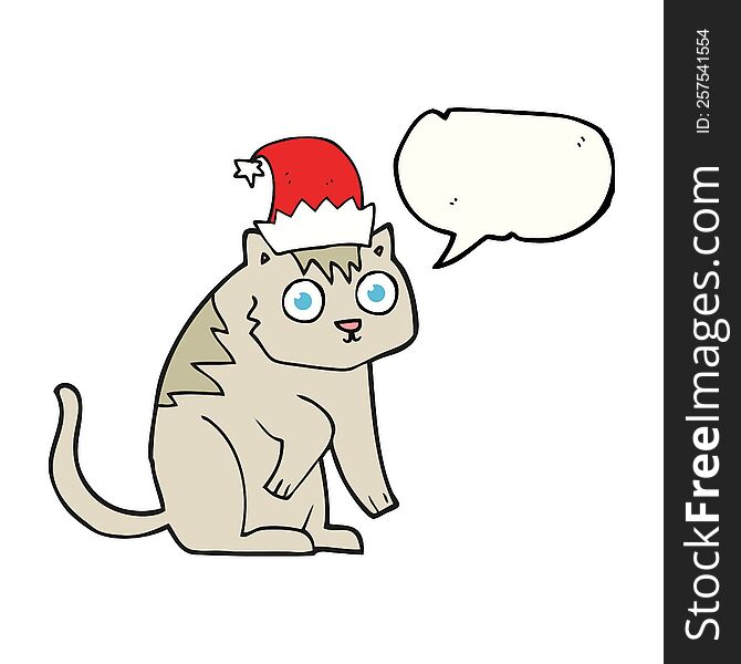 freehand drawn speech bubble cartoon cat wearing christmas hat