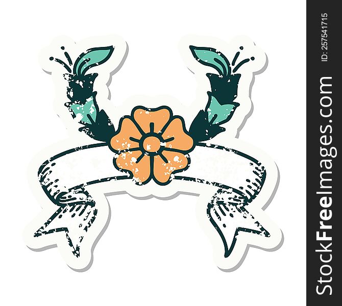 Grunge Sticker With Banner Of A Decorative Flower