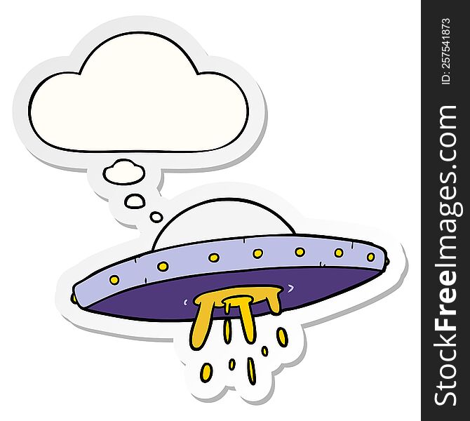 cartoon flying UFO with thought bubble as a printed sticker