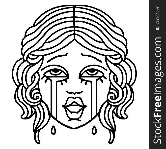 Black Line Tattoo Of A Very Happy Crying Female Face