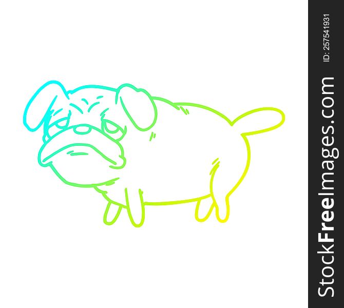cold gradient line drawing of a cartoon unhappy pug dog