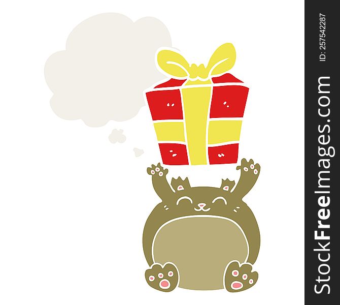 Cute Cartoon Christmas Bear And Thought Bubble In Retro Style