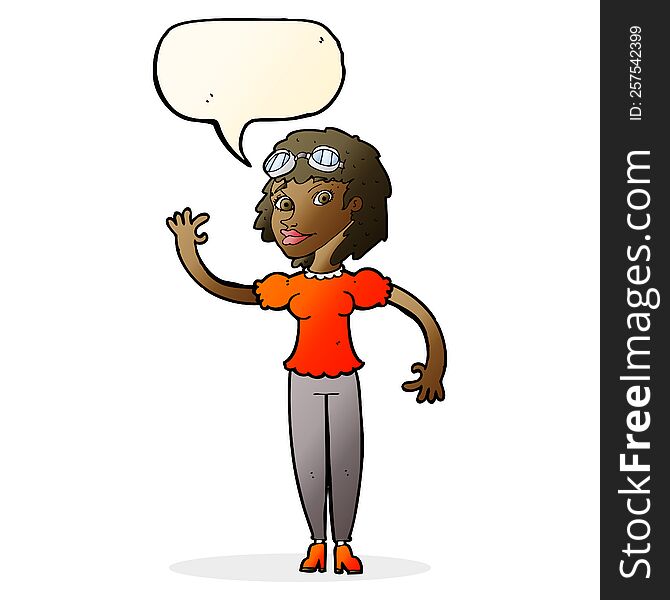 cartoon pilot woman waving with speech bubble