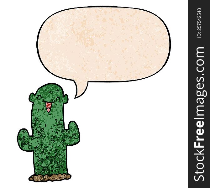 Cartoon Cactus And Speech Bubble In Retro Texture Style