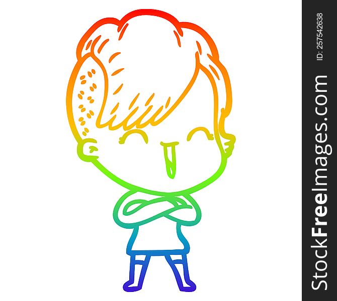 Rainbow Gradient Line Drawing Cartoon Happy Hipster Girl