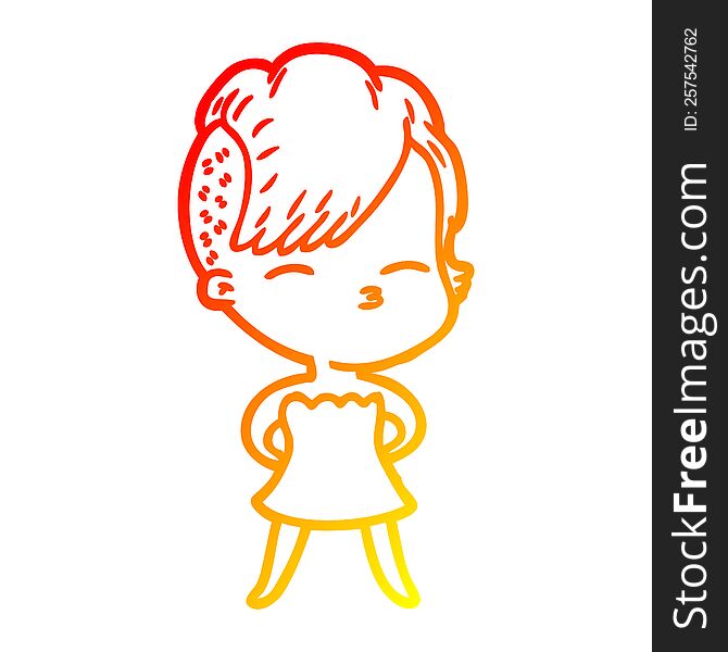 Warm Gradient Line Drawing Cartoon Squinting Girl In Dress